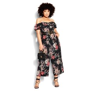 City Chic Sweet Botanical Off Shoulder Wide Leg Floral Jumpsuit Black 16 Boho